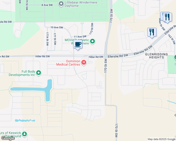 map of restaurants, bars, coffee shops, grocery stores, and more near 1744 Keene Crescent Southwest in Edmonton
