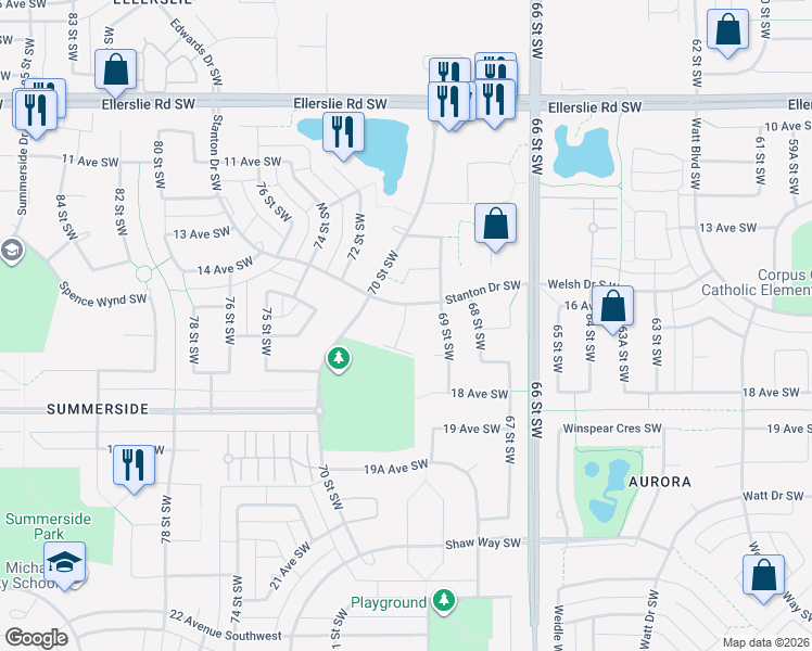 map of restaurants, bars, coffee shops, grocery stores, and more near 6124 Stanton Drive Southwest in Edmonton