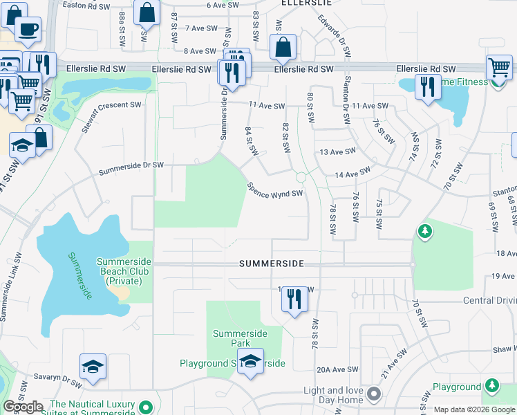 map of restaurants, bars, coffee shops, grocery stores, and more near 3040 Spence Wynd Southwest in Edmonton