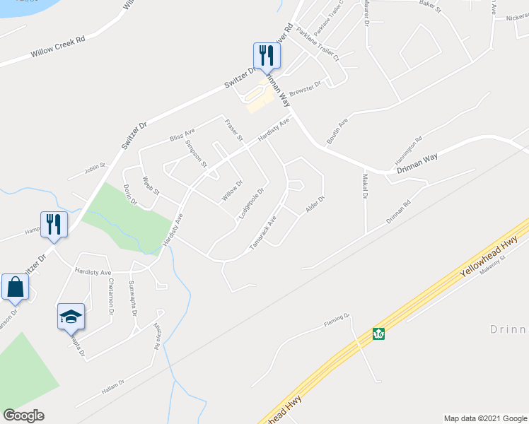 map of restaurants, bars, coffee shops, grocery stores, and more near 132 Tamarack Avenue in Hinton