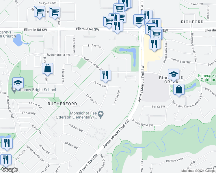 map of restaurants, bars, coffee shops, grocery stores, and more near 1885 Rutherford Road in Edmonton