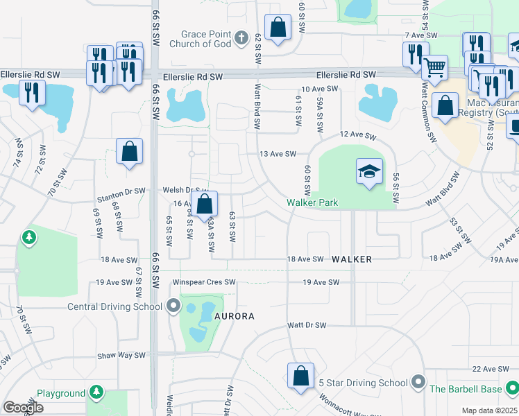 map of restaurants, bars, coffee shops, grocery stores, and more near 6156 17 Avenue Southwest in Edmonton