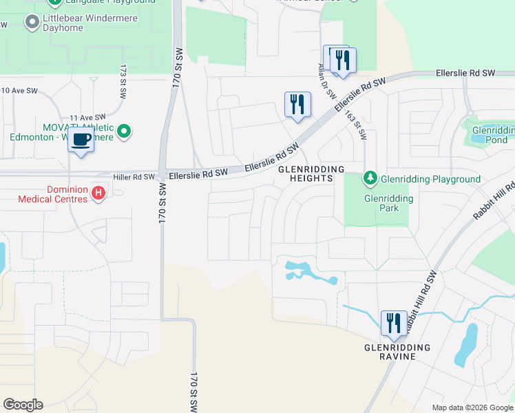 map of restaurants, bars, coffee shops, grocery stores, and more near 1515 167 Street Southwest in Edmonton