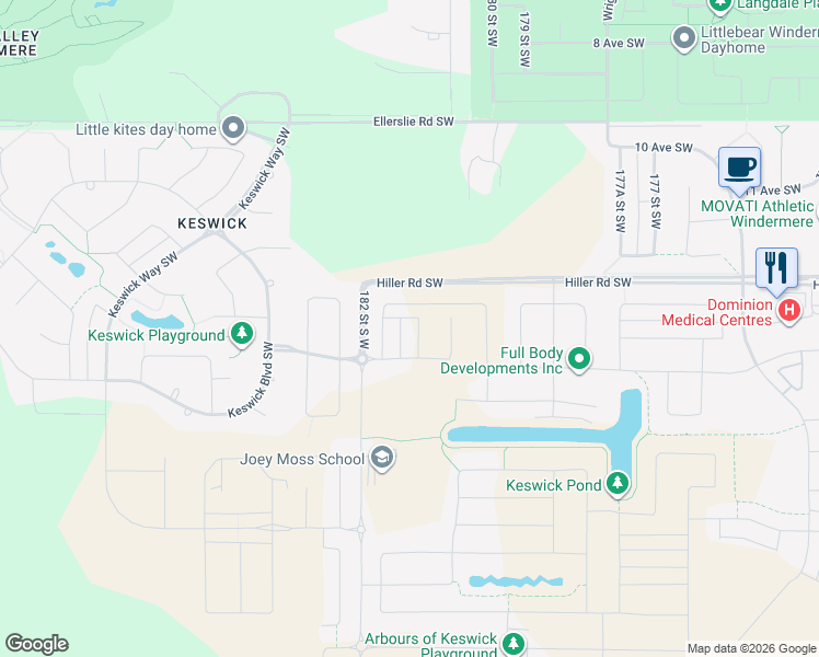 map of restaurants, bars, coffee shops, grocery stores, and more near 1303 184 Street Southwest in Edmonton