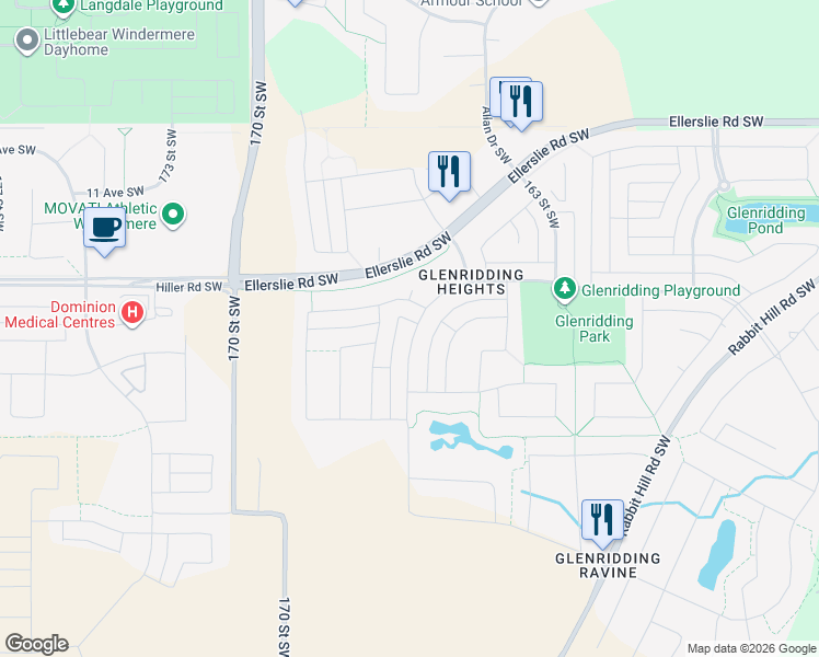 map of restaurants, bars, coffee shops, grocery stores, and more near 2414 Glenridding Boulevard Southwest in Edmonton
