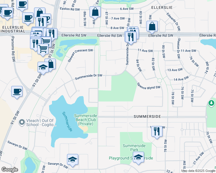 map of restaurants, bars, coffee shops, grocery stores, and more near 1179 Summerside Drive Southwest in Edmonton