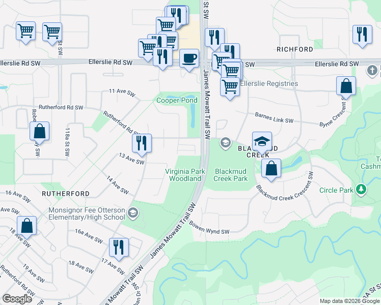 map of restaurants, bars, coffee shops, grocery stores, and more near 12 Rutherford Road Southwest in Edmonton