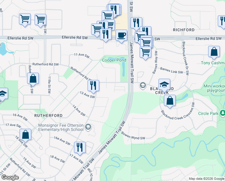 map of restaurants, bars, coffee shops, grocery stores, and more near 903 Rutherford Road Southwest in Edmonton