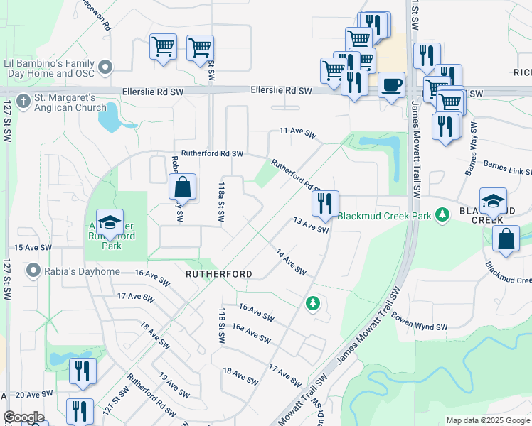 map of restaurants, bars, coffee shops, grocery stores, and more near 11713 13A Avenue Southwest in Edmonton