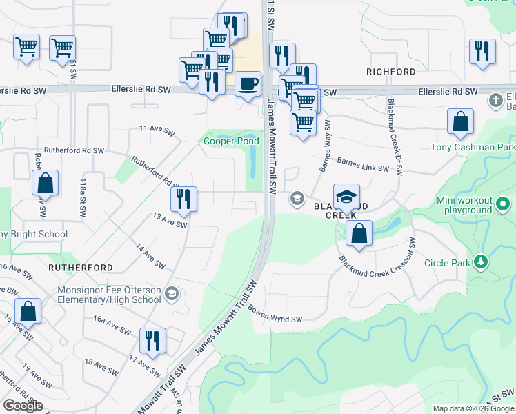 map of restaurants, bars, coffee shops, grocery stores, and more near 12 Rutherford Road Southwest in Edmonton