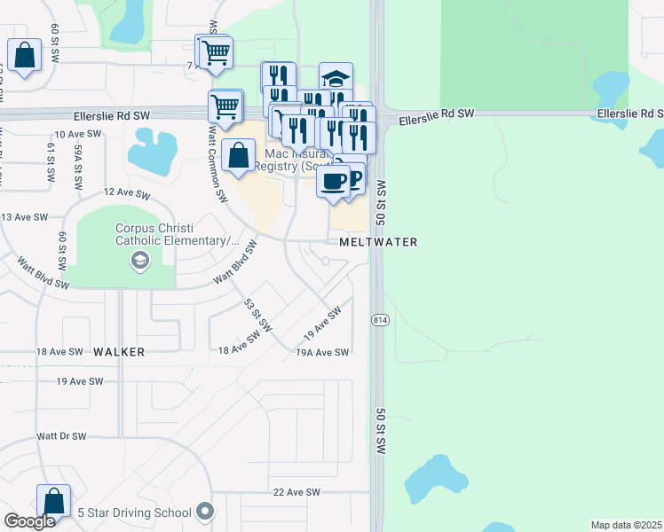 map of restaurants, bars, coffee shops, grocery stores, and more near 107 Watt Common Southwest in Edmonton