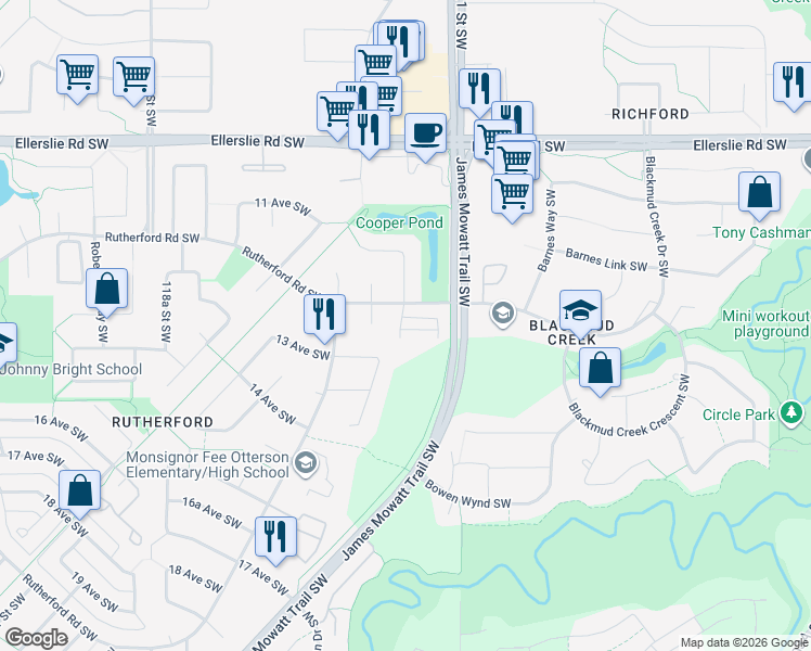 map of restaurants, bars, coffee shops, grocery stores, and more near 903 Rutherford Road Southwest in Edmonton