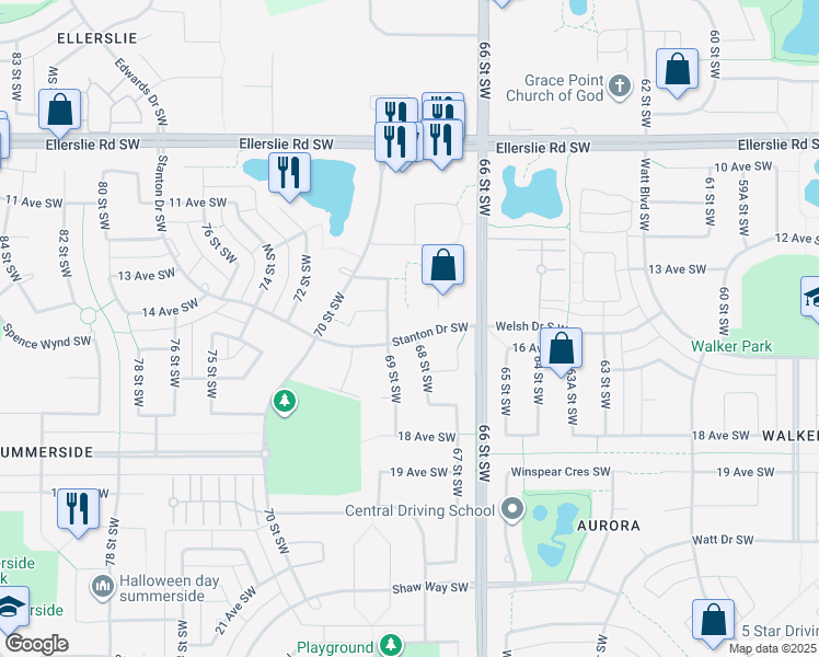 map of restaurants, bars, coffee shops, grocery stores, and more near 6133 Stanton Drive Southwest in Edmonton