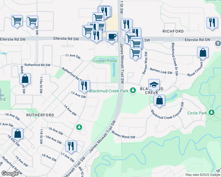 map of restaurants, bars, coffee shops, grocery stores, and more near 903 Rutherford Road Southwest in Edmonton