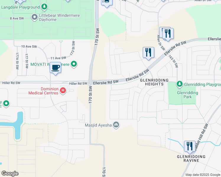 map of restaurants, bars, coffee shops, grocery stores, and more near 16822 14 Avenue Southwest in Edmonton