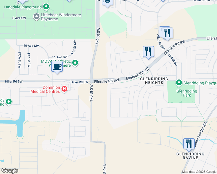 map of restaurants, bars, coffee shops, grocery stores, and more near 16822 14 Avenue Southwest in Edmonton