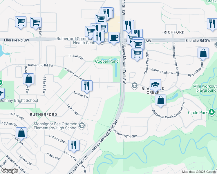 map of restaurants, bars, coffee shops, grocery stores, and more near 903 Rutherford Road Southwest in Edmonton