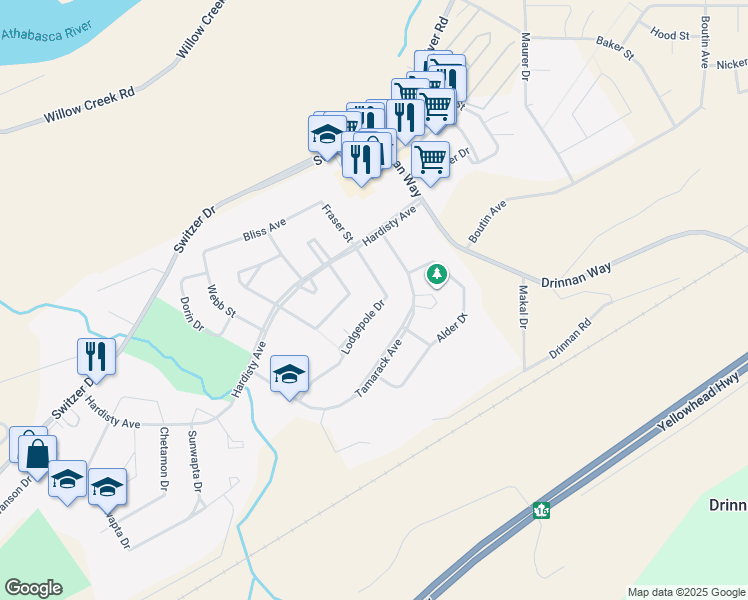 map of restaurants, bars, coffee shops, grocery stores, and more near 112 Willow Drive in Hinton