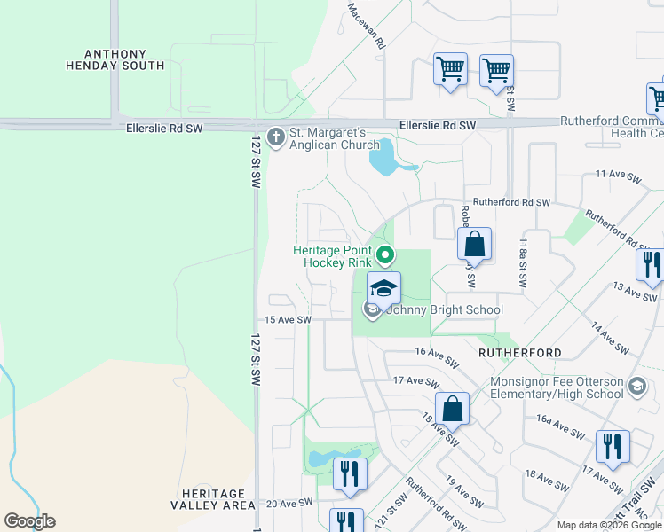 map of restaurants, bars, coffee shops, grocery stores, and more near 12504 15 Avenue Southwest in Edmonton