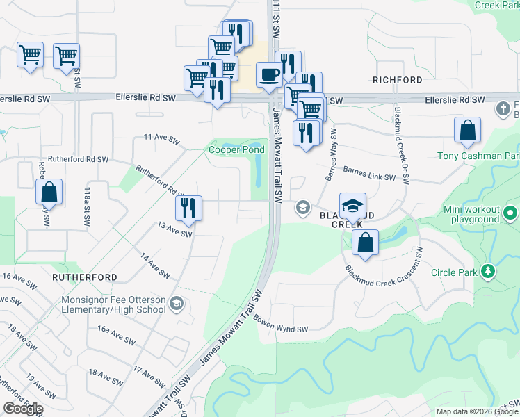 map of restaurants, bars, coffee shops, grocery stores, and more near 903 Rutherford Road Southwest in Edmonton