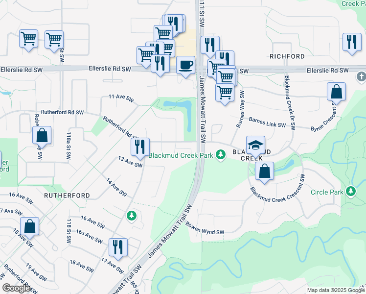 map of restaurants, bars, coffee shops, grocery stores, and more near 903 Rutherford Road Southwest in Edmonton