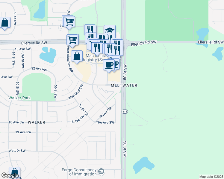 map of restaurants, bars, coffee shops, grocery stores, and more near 107 Watt Common Southwest in Edmonton