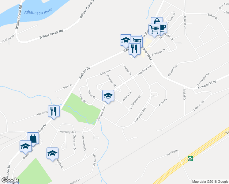 map of restaurants, bars, coffee shops, grocery stores, and more near 101 Poplar Place in Hinton