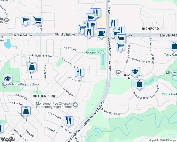 map of restaurants, bars, coffee shops, grocery stores, and more near 12 Rutherford Road Southwest in Edmonton