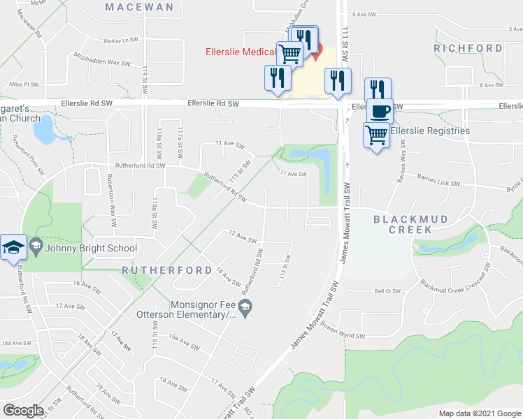 map of restaurants, bars, coffee shops, grocery stores, and more near 897 Rutherford Road Southwest in Edmonton