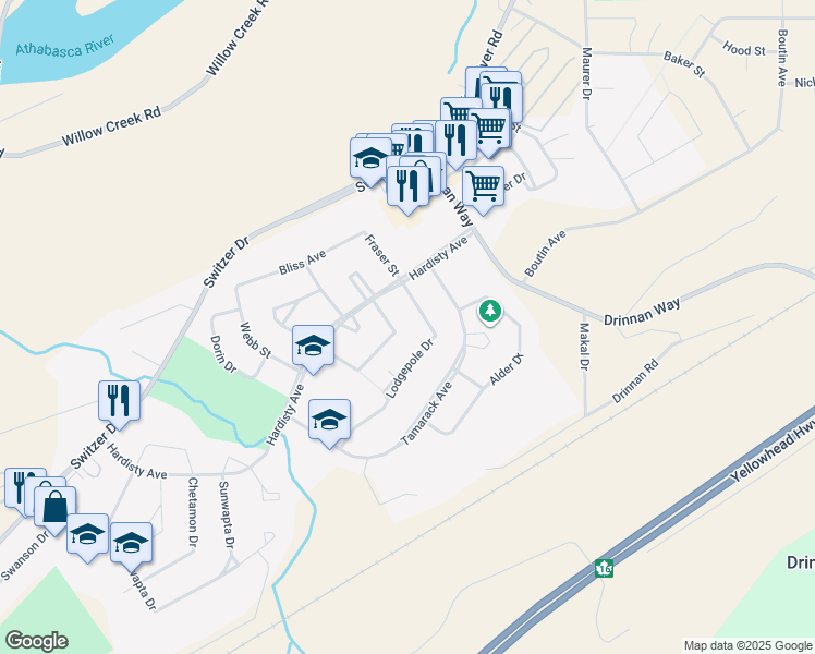 map of restaurants, bars, coffee shops, grocery stores, and more near 112 Willow Drive in Hinton
