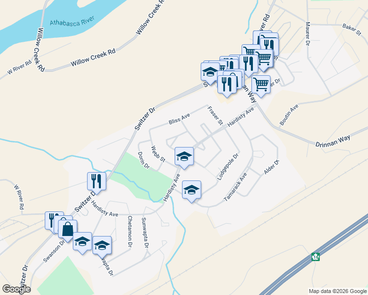 map of restaurants, bars, coffee shops, grocery stores, and more near 101 Douglas Drive in Hinton