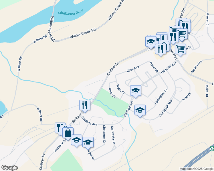 map of restaurants, bars, coffee shops, grocery stores, and more near 120 Dorin Drive in Hinton
