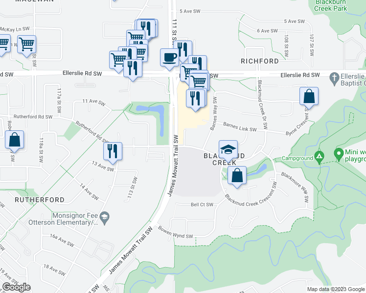 map of restaurants, bars, coffee shops, grocery stores, and more near 2099 Blackmud Creek Drive Southwest in Edmonton