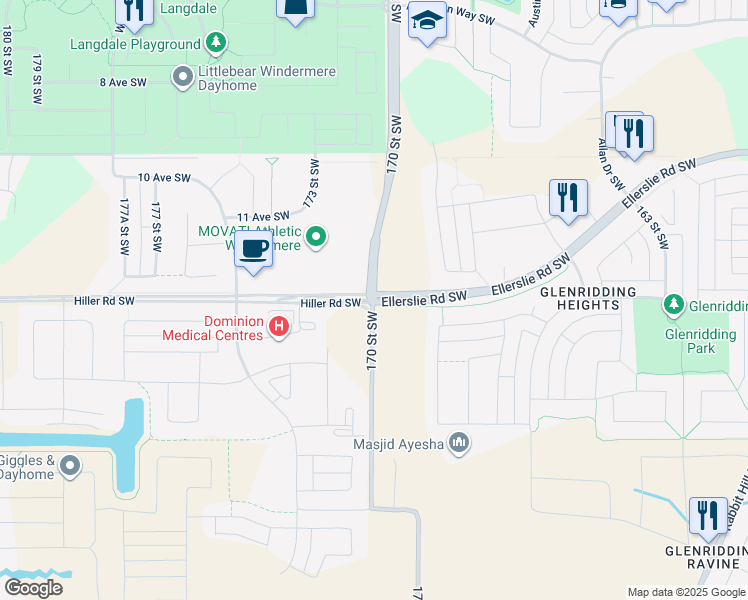 map of restaurants, bars, coffee shops, grocery stores, and more near Ellerslie Rd SW & 170 St SW in Edmonton