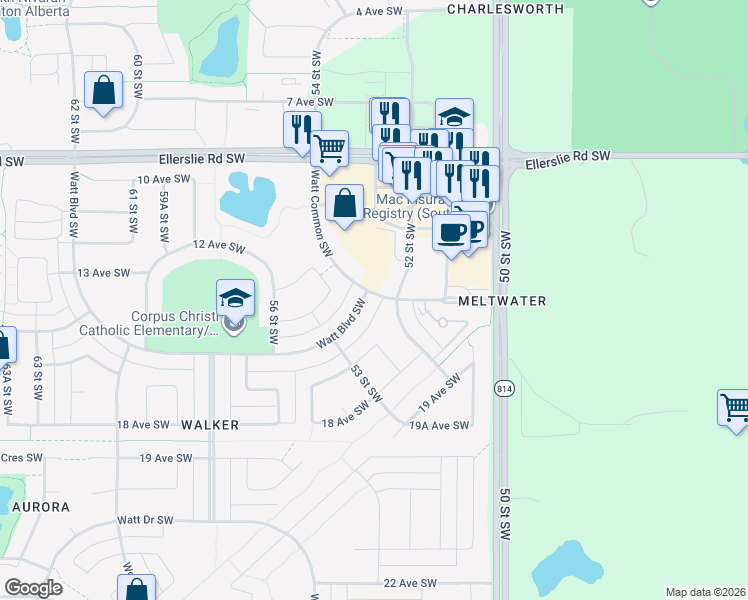 map of restaurants, bars, coffee shops, grocery stores, and more near 241 Watt Boulevard Southwest in Edmonton
