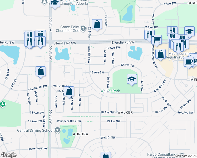 map of restaurants, bars, coffee shops, grocery stores, and more near 534 Watt Boulevard Southwest in Edmonton