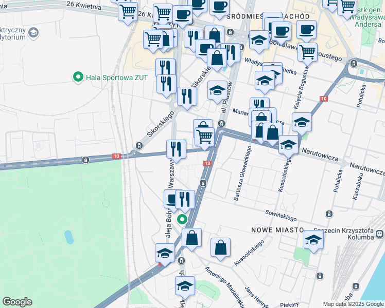 map of restaurants, bars, coffee shops, grocery stores, and more near in Szczecin
