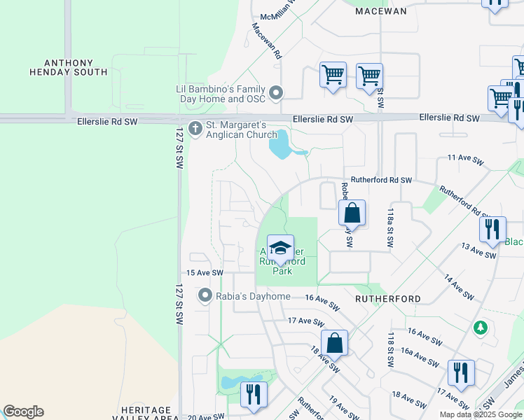 map of restaurants, bars, coffee shops, grocery stores, and more near 1304 Rutherford Road in Edmonton