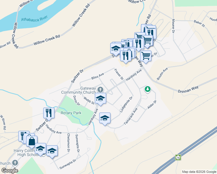 map of restaurants, bars, coffee shops, grocery stores, and more near 101 Poplar Place in Hinton