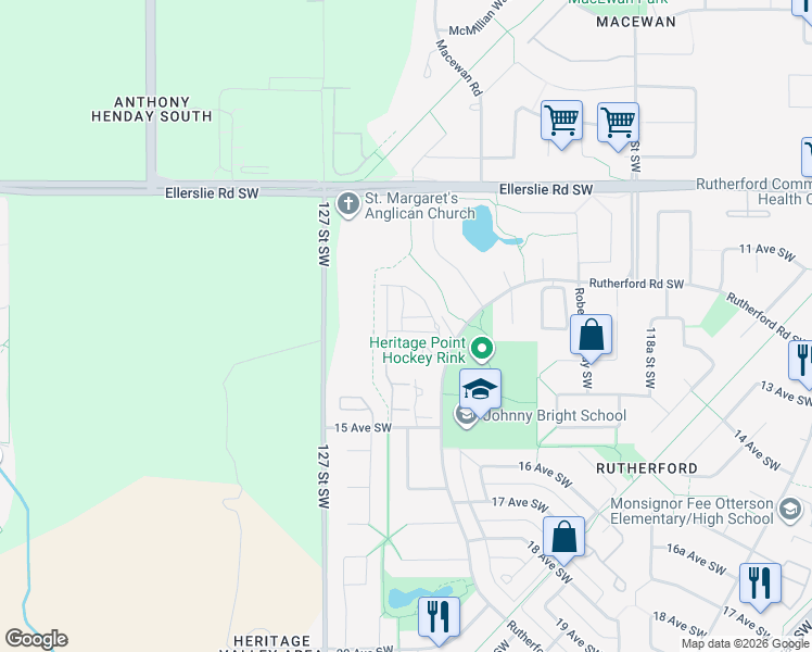 map of restaurants, bars, coffee shops, grocery stores, and more near 12504 15 Avenue Southwest in Edmonton