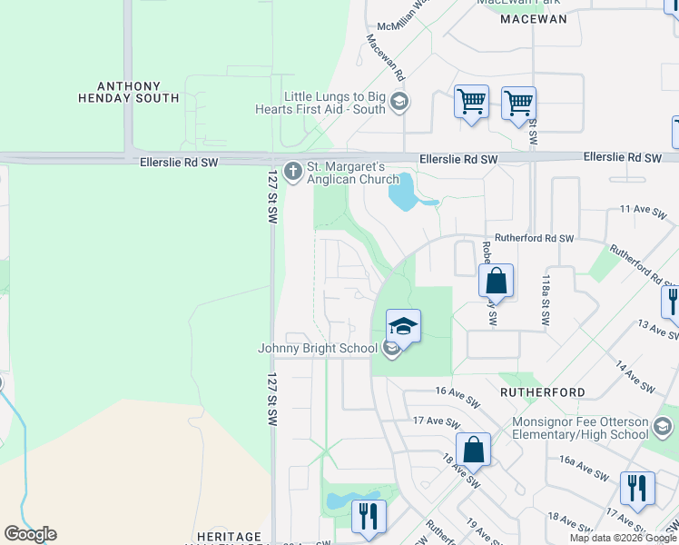 map of restaurants, bars, coffee shops, grocery stores, and more near 12504 15 Avenue Southwest in Edmonton
