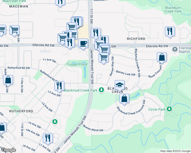map of restaurants, bars, coffee shops, grocery stores, and more near 2099 Blackmud Creek Drive Southwest in Edmonton