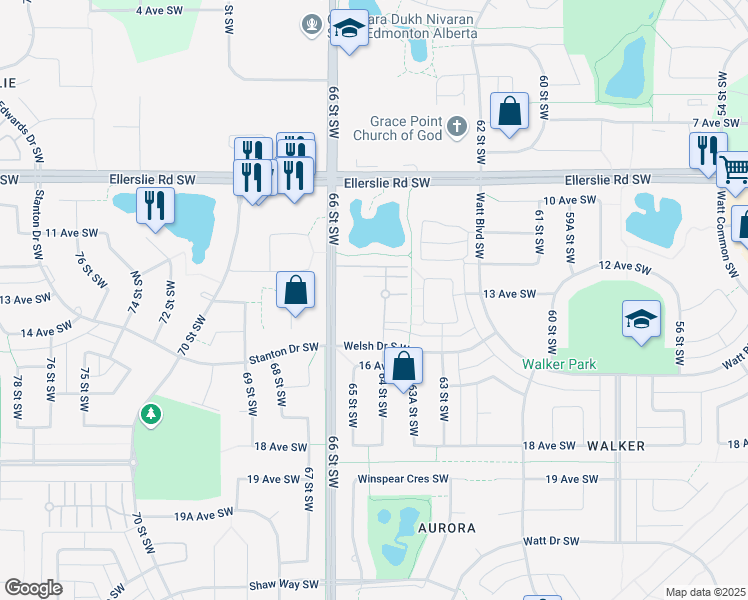 map of restaurants, bars, coffee shops, grocery stores, and more near 804 66 Street Southwest in Edmonton