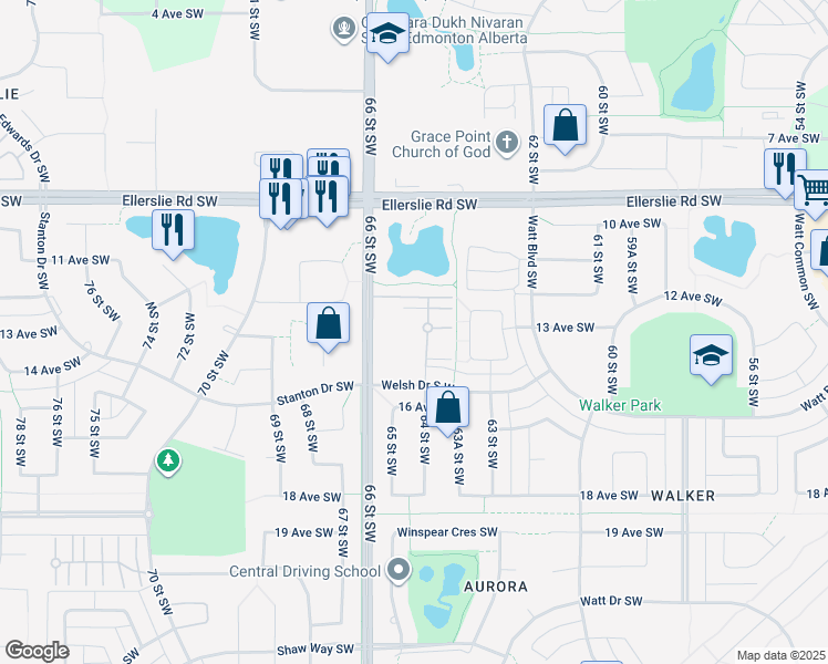 map of restaurants, bars, coffee shops, grocery stores, and more near 804 66 Street Southwest in Edmonton