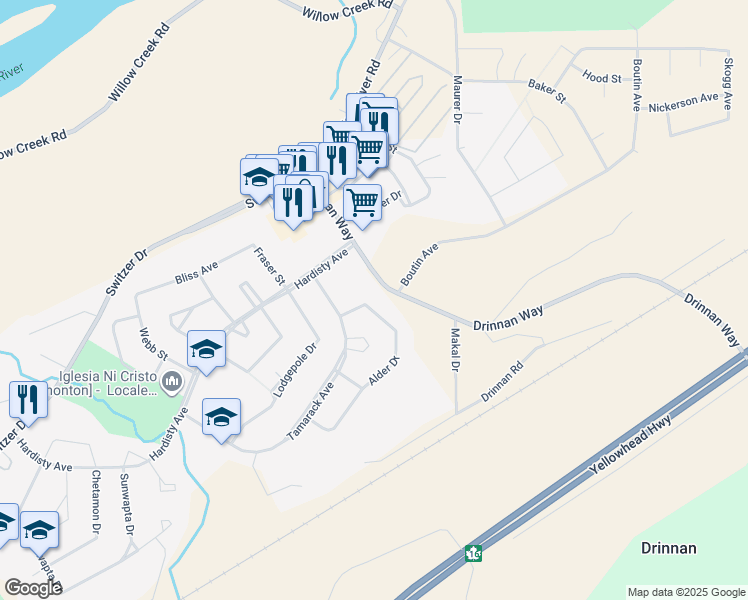 map of restaurants, bars, coffee shops, grocery stores, and more near 32 Drinnan Way in Hinton