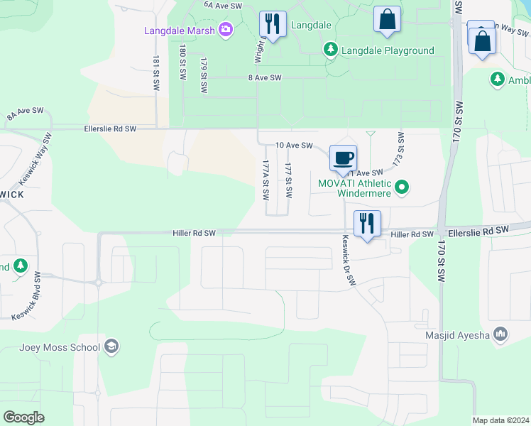 map of restaurants, bars, coffee shops, grocery stores, and more near 1246 177A Street Southwest in Edmonton