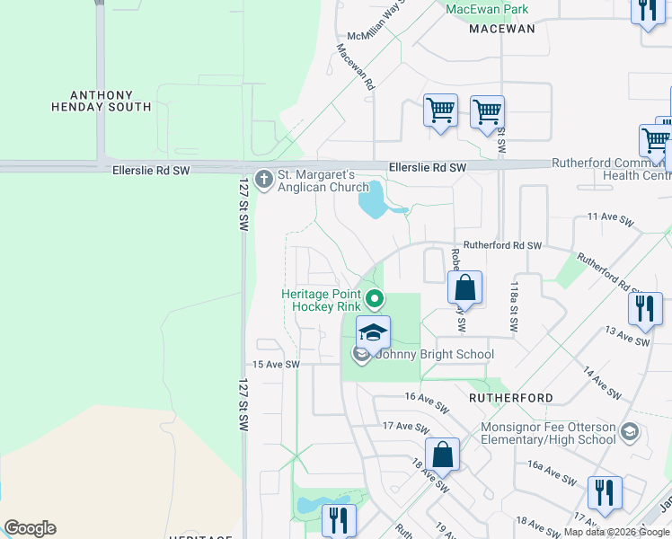 map of restaurants, bars, coffee shops, grocery stores, and more near 1716 Rutherford Point Southwest in Edmonton