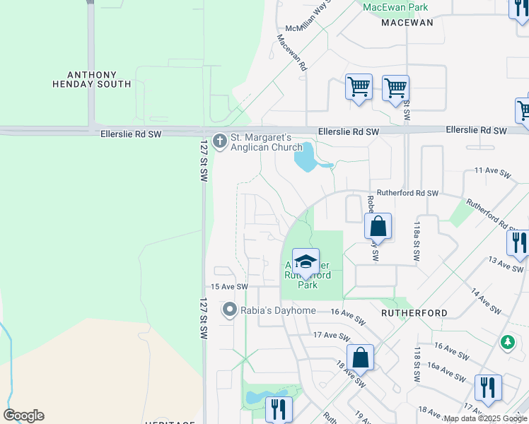 map of restaurants, bars, coffee shops, grocery stores, and more near 1304 Rutherford Road Southwest in Edmonton