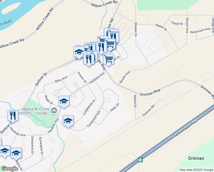 map of restaurants, bars, coffee shops, grocery stores, and more near 32 Drinnan Way in Hinton