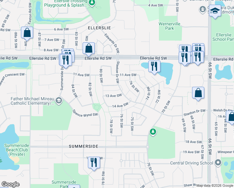 map of restaurants, bars, coffee shops, grocery stores, and more near 7807 12 Avenue Southwest in Edmonton
